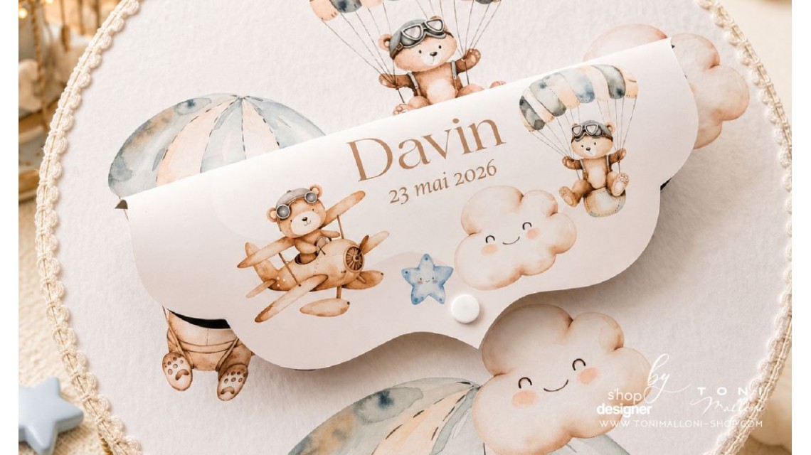 Trusou Botez Băieți Little Aviator Ursuleț Aviator Personalizat Bleu Pudrat si Ivory 13